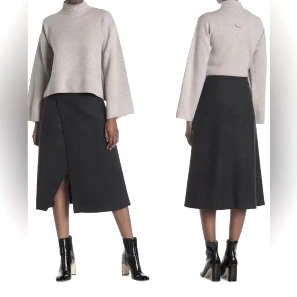 Club Monaco Wool NWT Midi Wrap Skirt Black 10 A Line Quiet Luxury Minimalist